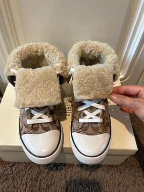 Coach Shearling Cuffed Signature Canvas High-Tops - Beige & White